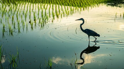 Poster - A close-up of a heron wading gracefully through a flooded rice paddy, its elegant silhouette mirrored in the tranquil waters of the countryside.