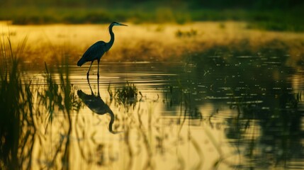 Poster - A close-up of a heron wading gracefully through a flooded rice paddy, its elegant silhouette mirrored in the tranquil waters of the countryside.