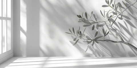 Poster - empty white room  with soft shadow green leaves and light,