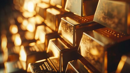 Poster - A close-up of gleaming gold bars stacked neatly in a secure vault, symbolizing wealth, security, and financial stability.