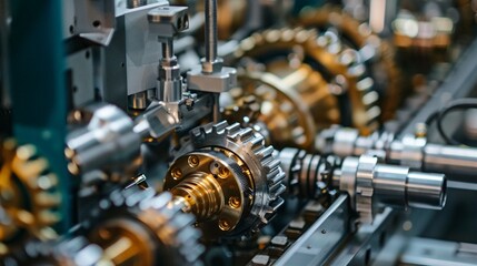 Wall Mural - A close-up of intricate machinery in a precision engineering workshop, with gears and cogs turning smoothly as the machine produces precise components.