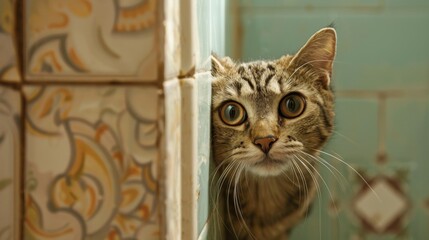 Poster - A curious cat peeking out from behind a bathroom door, its whiskers twitching with intrigue as it explores the tiled surroundings.