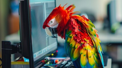Poster - A curious parrot perched on a computer monitor, peering at the screen with colorful feathers ruffled in fascination.
