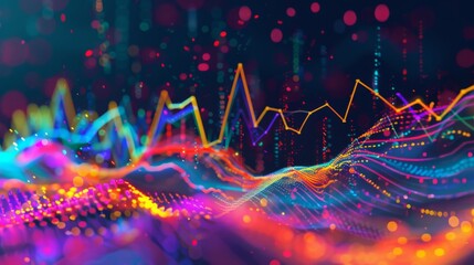 Sticker - A dynamic stock market graph showing fluctuations in share prices, with colorful lines and bars representing trading activity and trends.