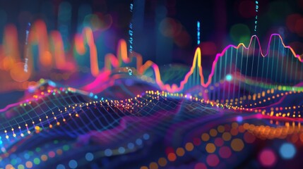 Poster - A dynamic stock market graph showing fluctuations in share prices, with colorful lines and bars representing trading activity and trends.