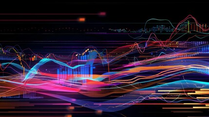 Poster - A dynamic stock market graph showing fluctuations in share prices, with colorful lines and bars representing trading activity and trends.