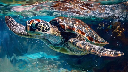 Wall Mural - A graceful sea turtle gliding effortlessly through crystal-clear waters, its ancient silhouette embodying the timeless beauty of ocean life.