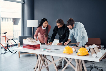 Sticker - Architecture, teamwork and blueprint with planning in office for design layout, floor plan or remodeling project. Engineering, collaboration and paperwork for real estate development and renovation