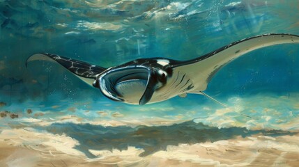 Poster - A magnificent manta ray gracefully soaring through the ocean depths, its expansive wingspan casting shadows on the sandy seabed below.