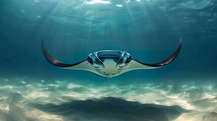 Aufkleber - A magnificent manta ray gracefully soaring through the ocean depths, its expansive wingspan casting shadows on the sandy seabed below.
