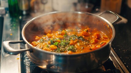 Wall Mural - A close-up shot of a bubbling pot of vegetable curry simmering on the stove, filling the kitchen with the aroma of spices and coconut milk.