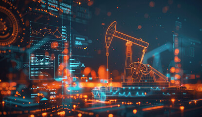 Poster - 3D illustration of an oil pump in the background, data visualizations and charts with numbers on a digital screen