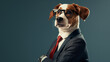 Anthropomorphic dog in stylish business attire posing for full-length portrait, wearing a suit, tie, and glasses, exuding sophistication and professionalism in a quirky and imaginative concept