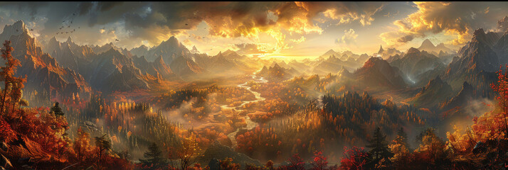 Wall Mural - panorama of the mountains in autumn,at sunrise or sunset, nature background landscape