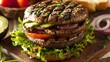A vegetarian burger piled high with grilled portobello mushroom caps, avocado slices, lettuce, and tomato, offering a hearty and satisfying meat-free alternative.