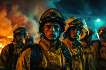 Wall Mural - A group of handsome young male firefighters standing in front, wearing yellow protective gear and helmets with black trim, looking at the camera