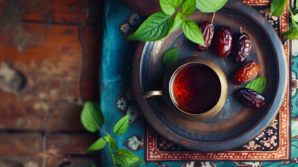 Wall Mural - Cup of tea and dry dates on saucer ready to eat for iftar time. Islamic religion and ramadan concept. eid mubarak