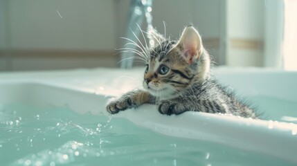 Poster - An adorable kitten perched on the edge of a bathtub, pawing at the water with curiosity, eager to investigate this new aquatic realm.