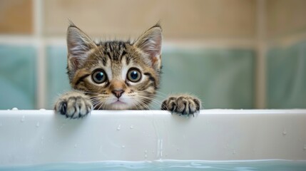 Poster - An adorable kitten perched on the edge of a bathtub, pawing at the water with curiosity, eager to investigate this new aquatic realm.