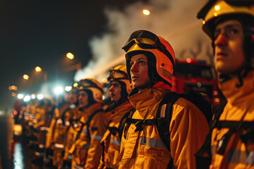 Wall Mural - A group of handsome young male firefighters standing in front, wearing yellow protective gear and helmets with black trim, looking at the camera