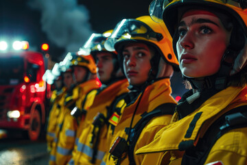 Wall Mural - A group of handsome young male firefighters standing in front, wearing yellow protective gear and helmets with black trim, looking at the camera