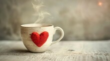 A Steaming Cup Of Coffee Adorned With A Charming Red Heart Sits Elegantly On A Textured White Table
