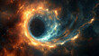 A digital representation of a black hole surrounded by a fiery nebula.