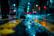 Rainy Night Reflections on Urban Street with Mysterious Figure
