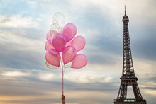 Pink And Red Balloons In Front Of Eiffel Tower, Paris, City Of Love