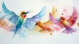 Fototapeta Motyle - Vibrant watercolor painting showcasing three birds in mid-flight with splashes of colors enhancing their dynamic motion.