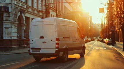 Poster - A white van driving down a street next to tall buildings. Suitable for urban transportation concepts