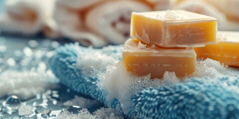 Poster - A pile of soap on top of a blue towel, suitable for hygiene or spa concept