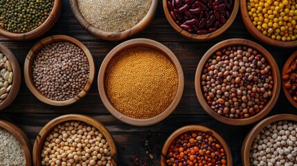 Canvas Print - A collection of different types of beans in rustic wooden bowls. Perfect for food and cooking-related projects