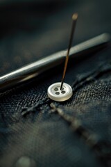 Poster - A pair of scissors resting on a button, suitable for crafting projects