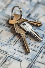 Poster - A bunch of keys placed on top of a blueprint. Perfect for real estate or construction concepts