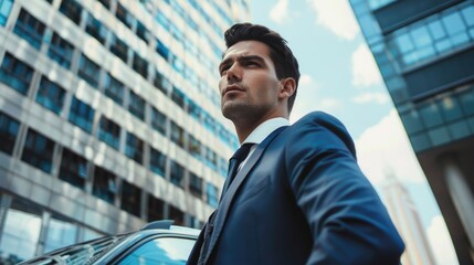Poster - A man in a suit standing in front of a car. Suitable for business and transportation concepts