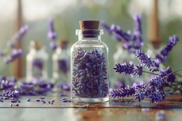 Aufkleber - A bottle filled with lavender flowers on a table. Ideal for aromatherapy concept