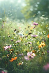 Poster - A beautiful field of wildflowers with a bee in the center. Suitable for nature and gardening concepts