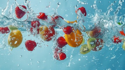 Poster - Fresh fruit dropping into clear water, suitable for healthy lifestyle concepts