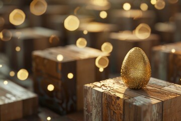 Poster - A shiny golden egg resting on a wooden block. Suitable for business and finance concepts
