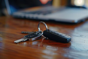 Poster - A couple of keys sitting on top of a wooden table. Can be used for home security concepts