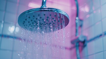 Poster - A shower head with water flowing out. Ideal for illustrating water conservation concepts