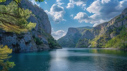 Poster - Scenic view of a large body of water surrounded by mountains. Suitable for travel brochures