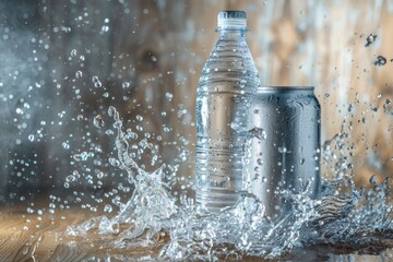 Poster - Bottled water and soda can on a table. Suitable for beverage concept