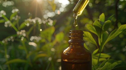 Poster - A bottle filled with liquid placed on top of a tree. Ideal for nature and recycling concepts