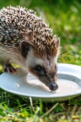 Poster - A cute hedgehog standing on a white plate, suitable for various design projects