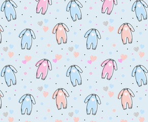 Wall Mural - Seamless pattern baby with bodysuits and hearts on a pastel background. Cute baby shower background.  For packaging, shop, textile, nursery prints. Vector sketch  doodle illustration.