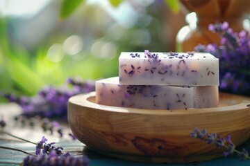 Poster - A wooden bowl filled with soap next to a bunch of lavender flowers. Perfect for aromatherapy and spa concepts