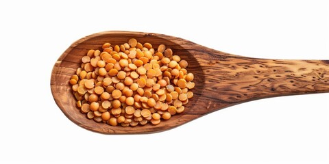 Poster - Lentils in a wooden spoon on white background, ideal for cooking websites or food blogs