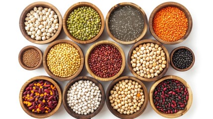 Poster - Various types of beans and legumes in rustic wooden bowls. Suitable for cooking and nutrition concepts